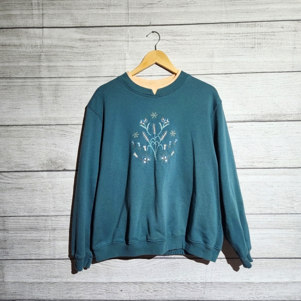 Vintage Baxter and Wells Teal Embroidered Sweatshirt Size XL